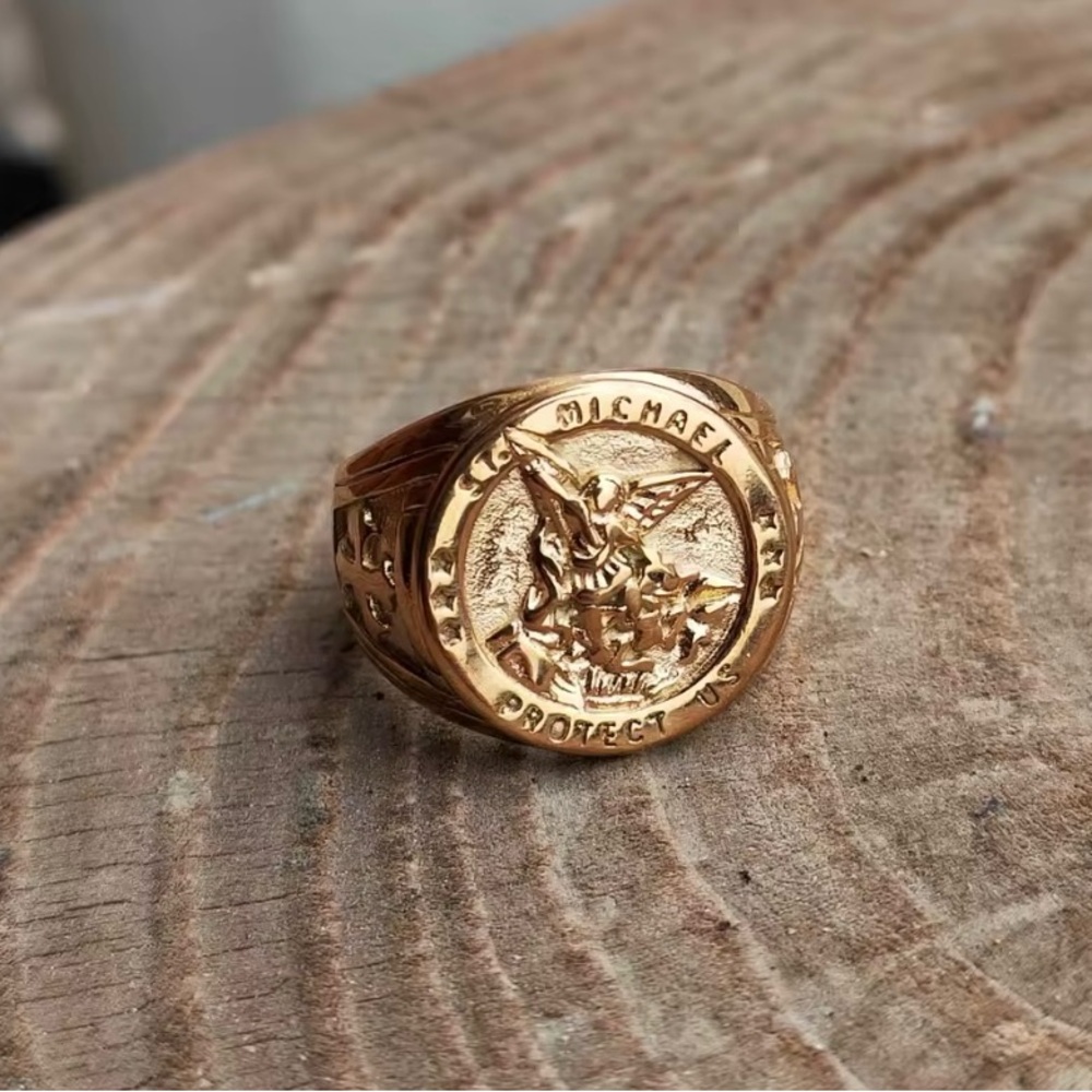 St Michael San Miguel Archangel Ring Men's Stainless Steel Amulet Gold Size 10